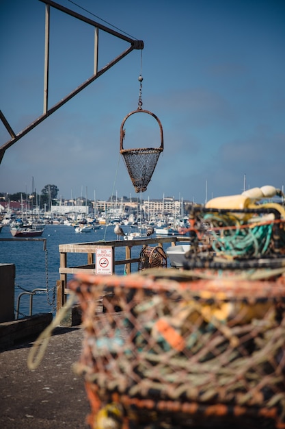 Fishing net hanging from a rig of a ship