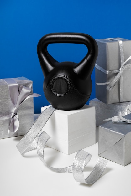 Fitness and gym equipment with christmas theme and decorations