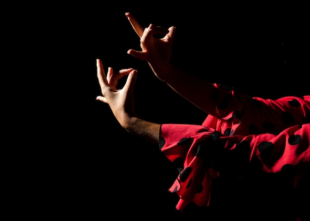 Flamenca dancer showing hands on black background