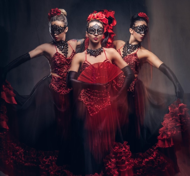 Free Photo flamenco spanish seductive dancers wearing traditional costume. isolated on a dark background.