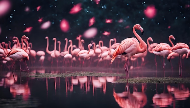 Free Photo flamingo in the lake at night 3d rendering