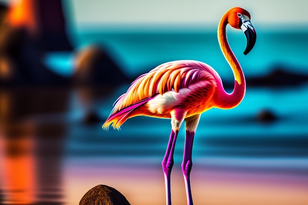 Free Photo a flamingo with a blue background and a pink feathered tail