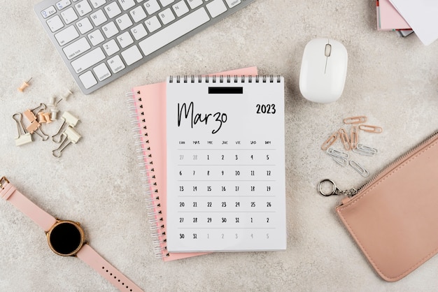 Free photo flat lay 2023 march calendar with keyboard