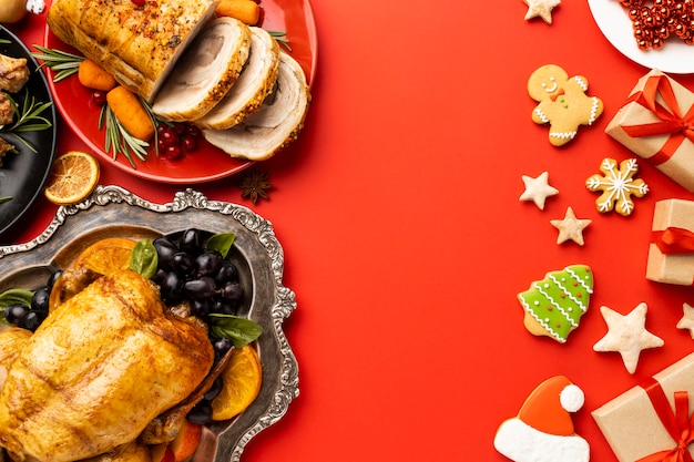 Flat lay arrangement of christmas food with copy space