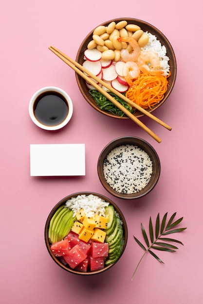 Flat lay arrangement of delicious poke bowl