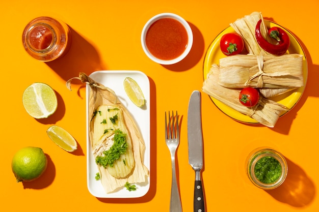 Flat lay arrangement of tamales ingredients