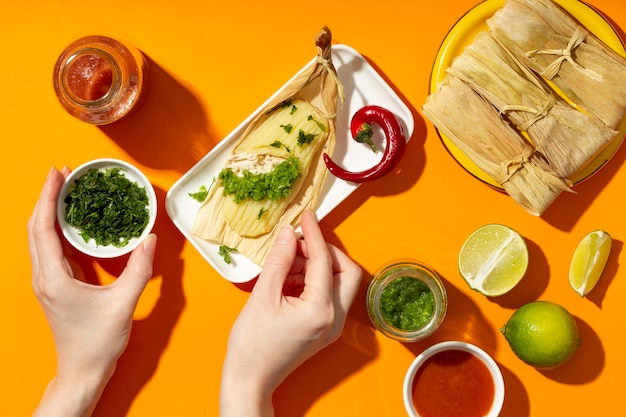 Free photo flat lay arrangement of tamales ingredients