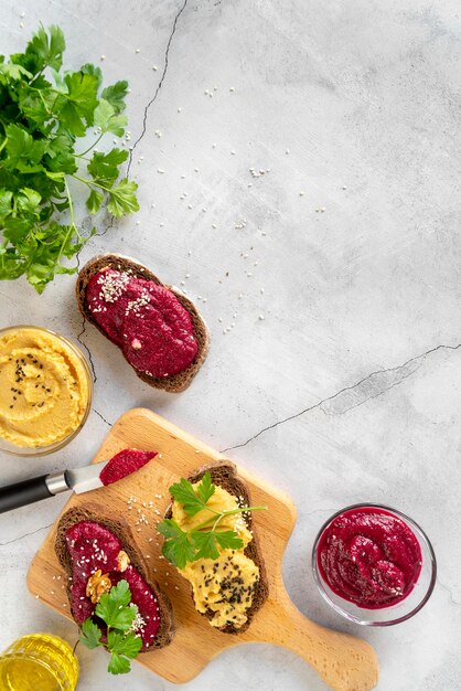 Flat lay arrangement of tasty food and ingredients