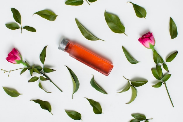 Flat lay arrangement with leaves on white background