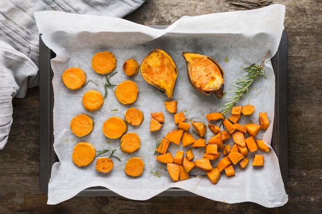 Flat lay arrangement with sweet potatoes