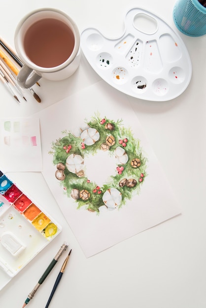 Flat lay arrangement with watercolors