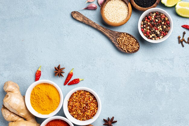 Flat lay asian food ingredients with blue background