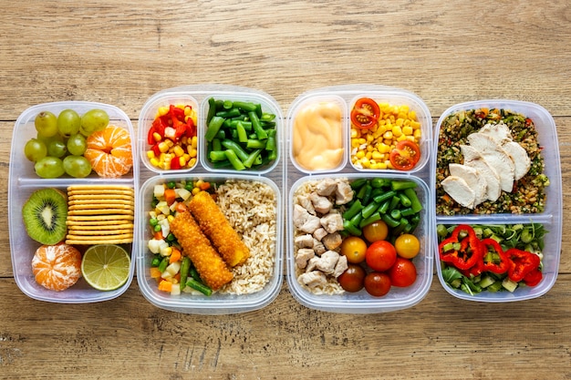 Flat lay assortment of batch food cooked