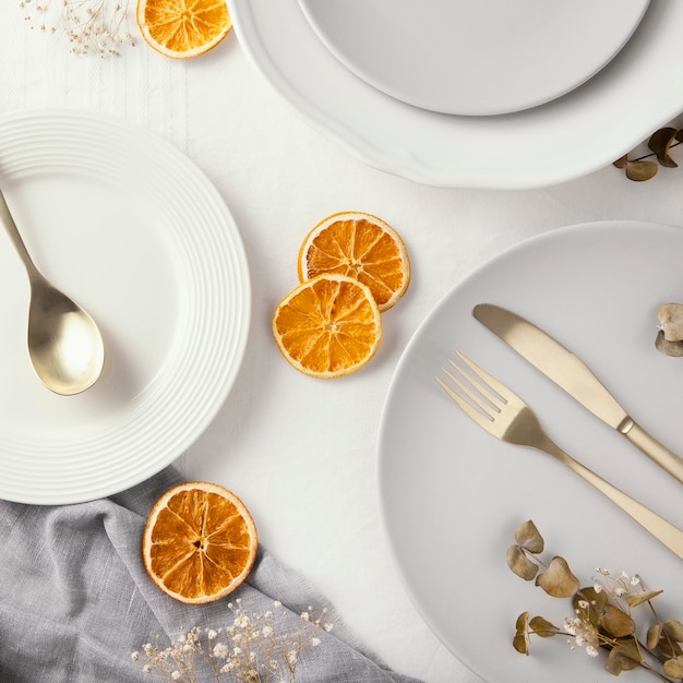 Flat lay assortment of beautiful tableware on the table