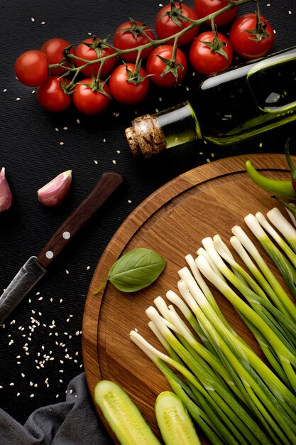 Flat lay assortment of delicious fresh vegetables