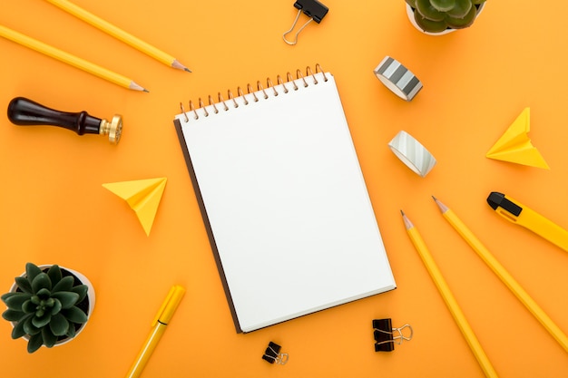 Flat lay assortment of desk elements