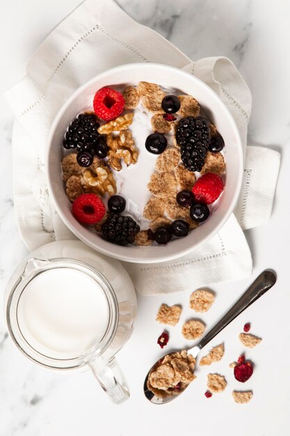 Flat lay assortment of healthy bowl cereals