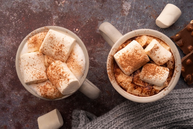 Flat lay assortment with tasty beverage with marshmallows