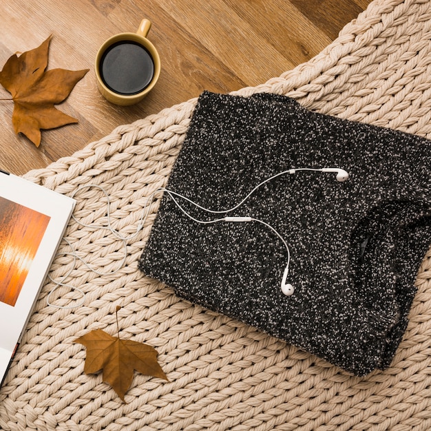 Flat lay of autumn cozy accessories 