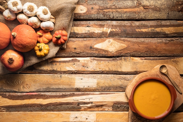 Flat lay autumn harvest and soup