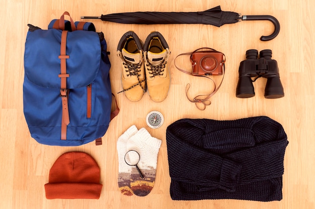 Flat lay autumn travel composition