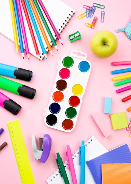 Flat lay of back to school stationery with colorful pencils