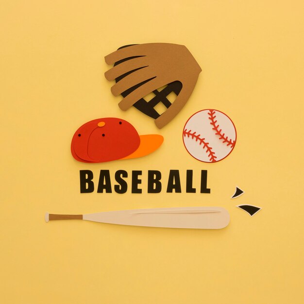 Flat lay of baseball with bat, glove and cap