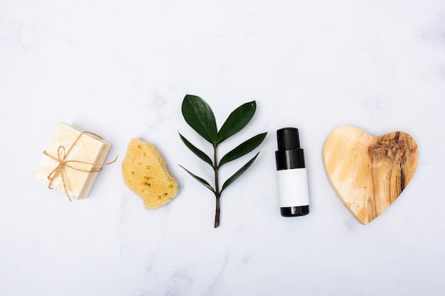 Flat lay bath concept on marble background