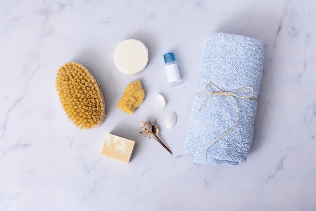 Flat lay bath concept on marble background