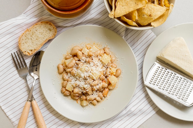 Flat lay beans and potatoes on plate