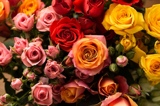 Flat lay of beautifully bloomed colorful rose flowers