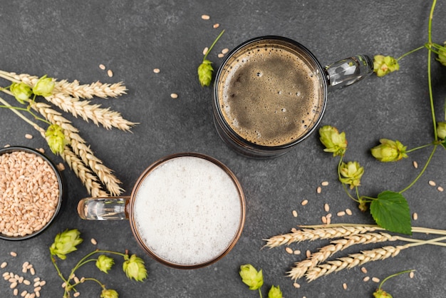 Flat lay beer glasses arrangement