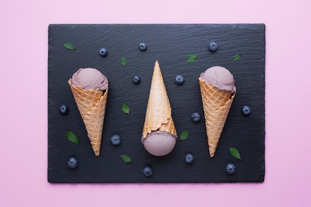 Free photo flat lay of blueberries ice cream