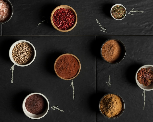 Flat lay bowls with condiments