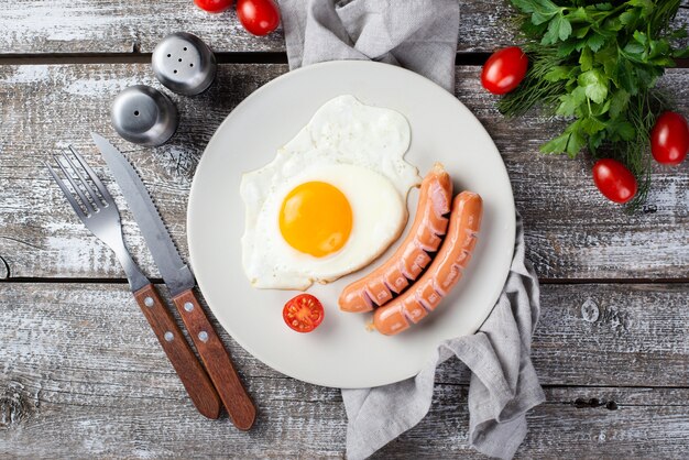 Flat lay of breakfast sausages and egg on plate with tomatoes and cutlery