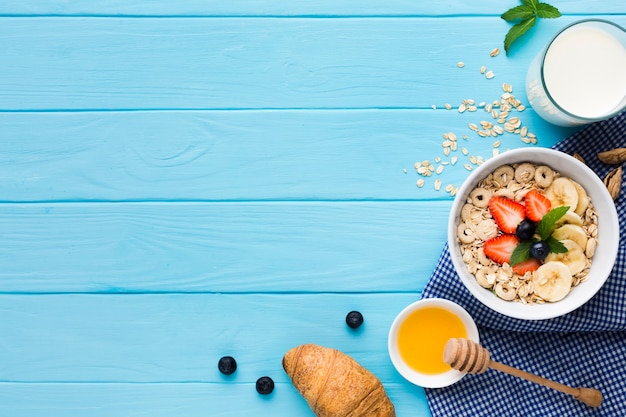 Flat lay breakfast table with copyspace