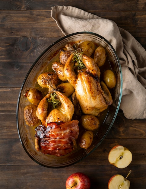 Flat lay chicken and potatoes dish