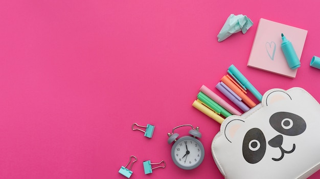 Flat lay children desks still life