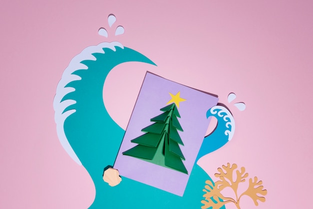 Free photo flat lay christmas tree and waves