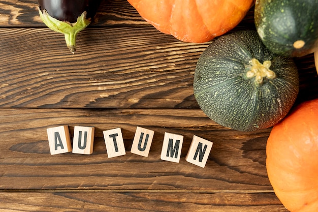 Flat lay colorful pumpkins with autumn lettering 