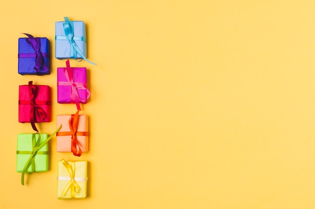 Flat lay of colourful presents with copy space