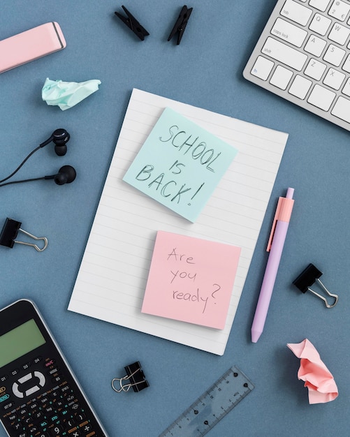 Flat lay composition of back to school still life elements