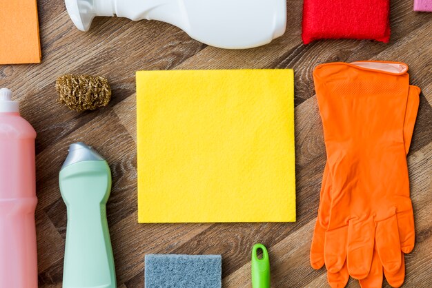 Flat lay composition of cleaning products