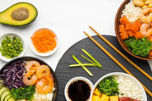 Flat lay composition of hawaiian poke bowl