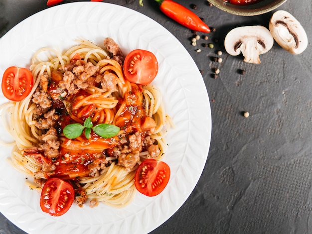 Flat lay composition of pasta with copyspace