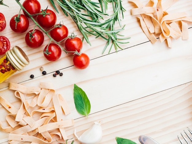 Flat lay composition of pasta with copyspace