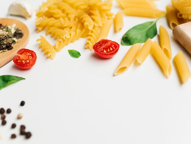 Flat lay composition of pasta with copyspace