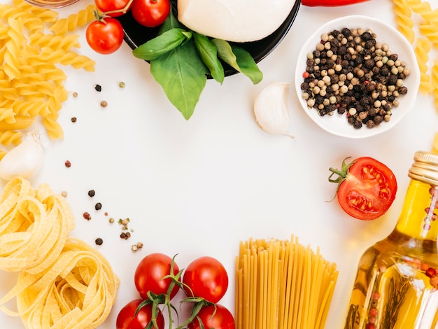 Flat lay composition of pasta with copyspace