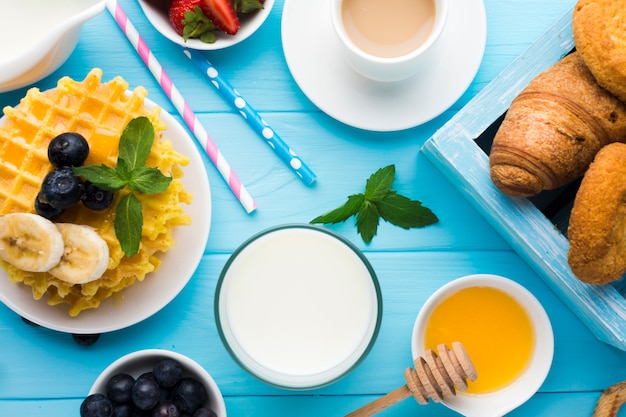 Flat lay composition of a tasty breakfast table