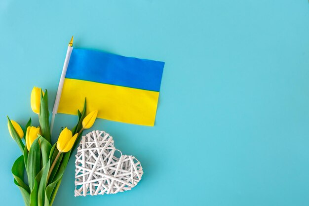 Flat lay composition with a bouquet of yellow tulips the flag of ukraine